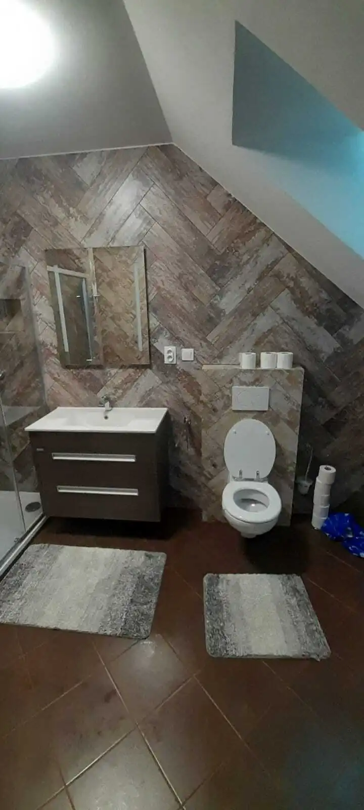 Podkrovní koupelna s obkladem do stromečku